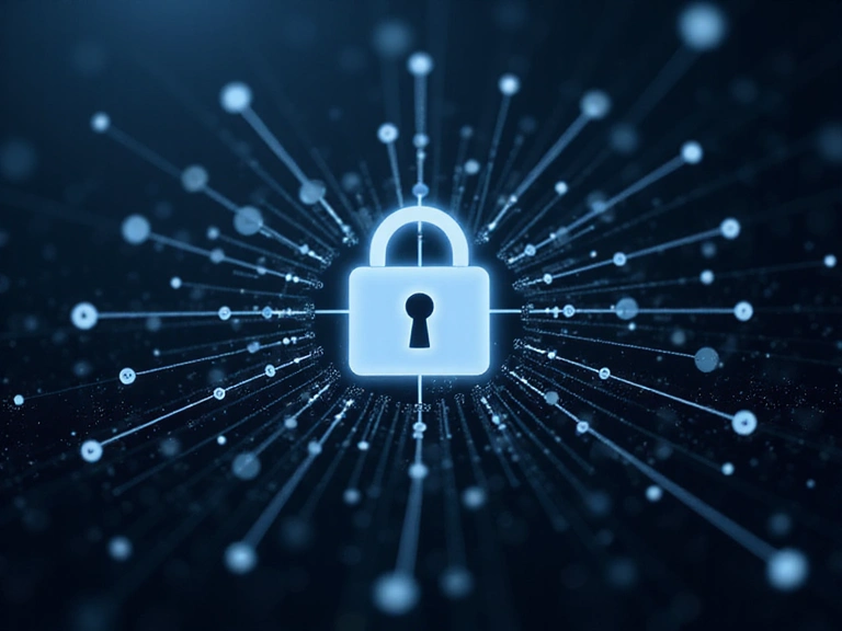 Digital lock icon over a network of connected dots, representing data security and encryption.