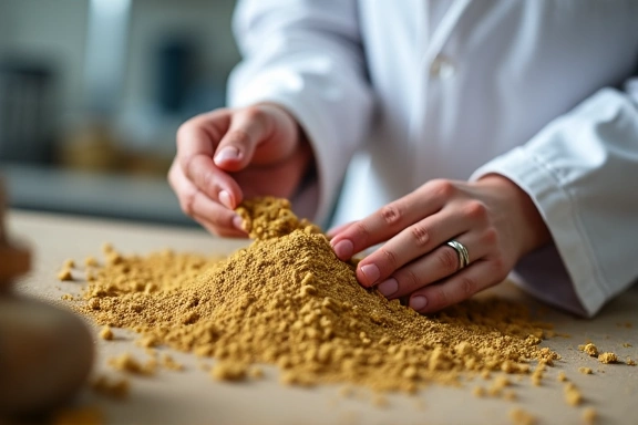 A person carefully inspecting raw materials, like herbs or powders, in a clean, professional setting, emphasizing quality control.