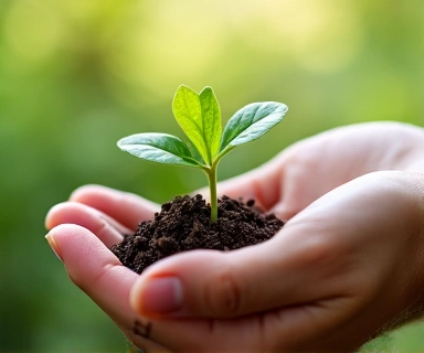 A hand holding a small plant growing out of soil, symbolizing natural ingredients and growth.