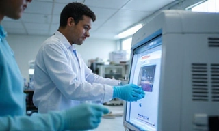 A laboratory setting with quality control equipment and a scientist performing tests, symbolizing strict quality checks.