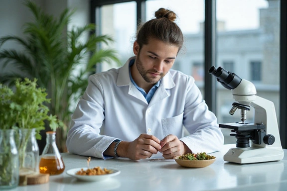A scientist in a lab examining natural ingredients under a microscope, symbolizing research and natural solutions.