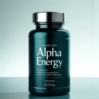 Product image of a supplement bottle labeled 'Alpha Energy Complex' with a sleek design.
